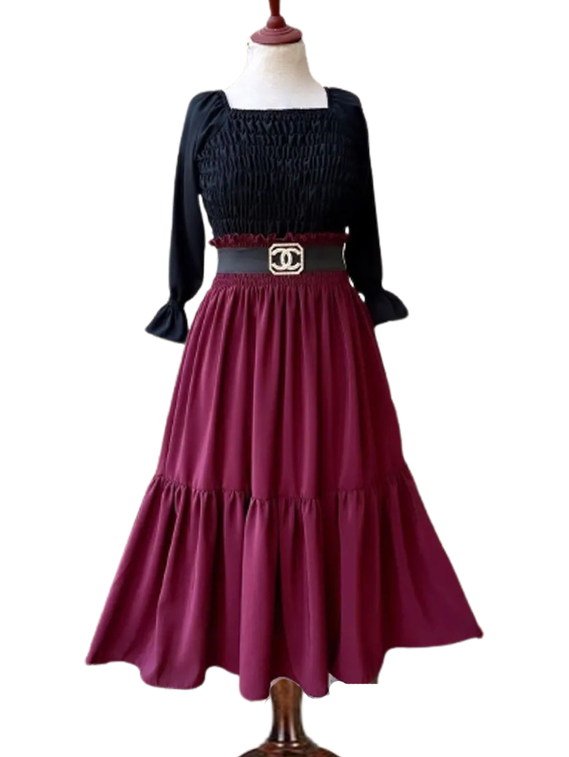 Elegant Korean Smoked Style Shirt with skirt & stone Channel belt